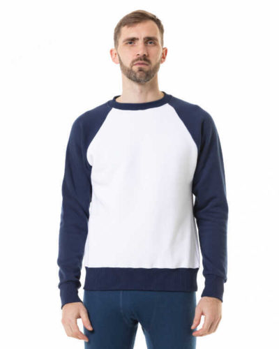 Unisex Raglan svitšots. Balts-tumši zils.